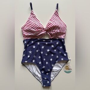 Caden Lane Women’s Ruched Cutout One-Piece Swimsuit, Stars & Stripes - Size XL